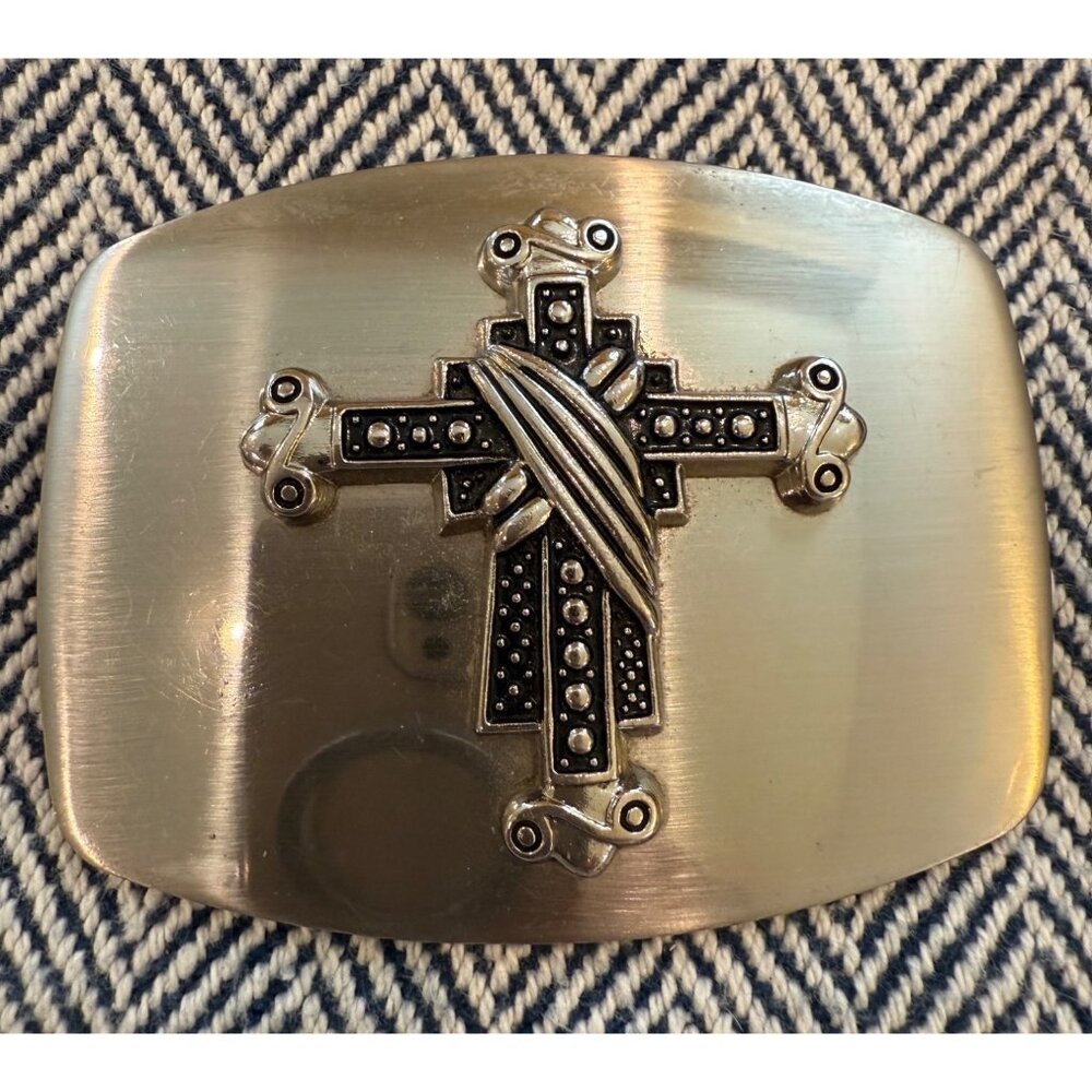 Christian Cross Belt Buckle With Intricate Black & Silver Details 4"x3" Metal De